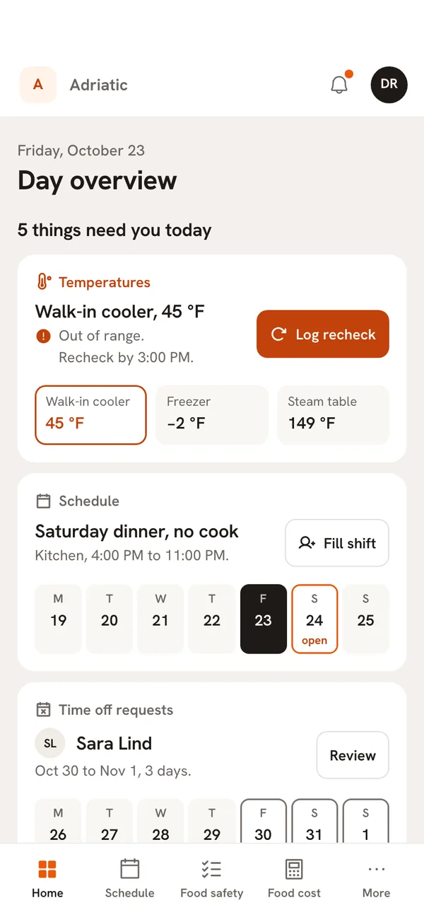 The Patrono home screen on a phone, with today's temperatures, schedule and time off requests